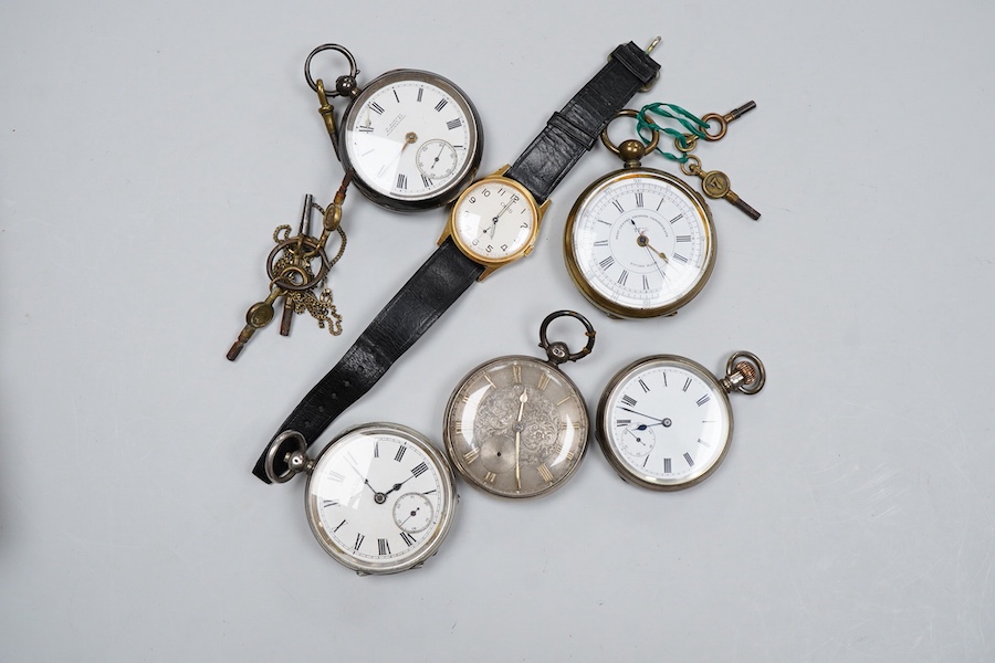 Four assorted silver or white metal open faced pocket watches including Waltham, a brass cased chronograph pocket watch, an Oris steel and gold plated wrist watch and various watch keys.